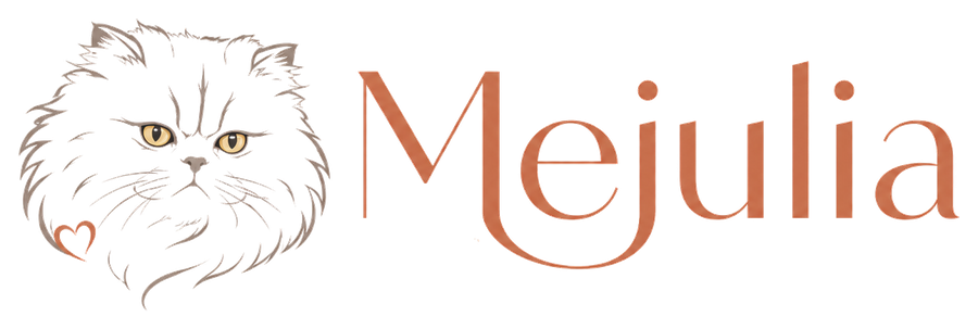 Mejulia pet-home essentials logo with cat illustration
